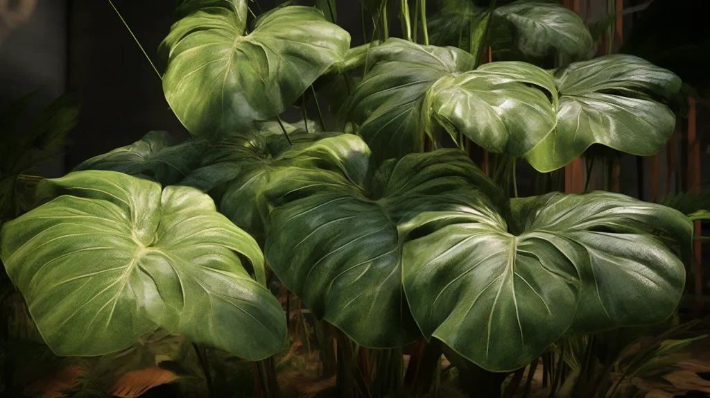 Le caratteristiche foglie a forma di orecchie di elefante della pianta Alocasia